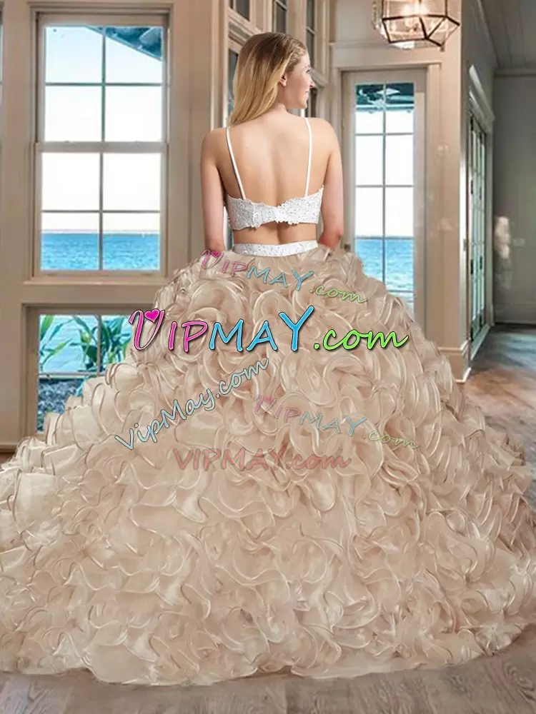 Pink Sleeveless Floor Length Beading and Ruffles Backless Quinceanera Gowns Straps