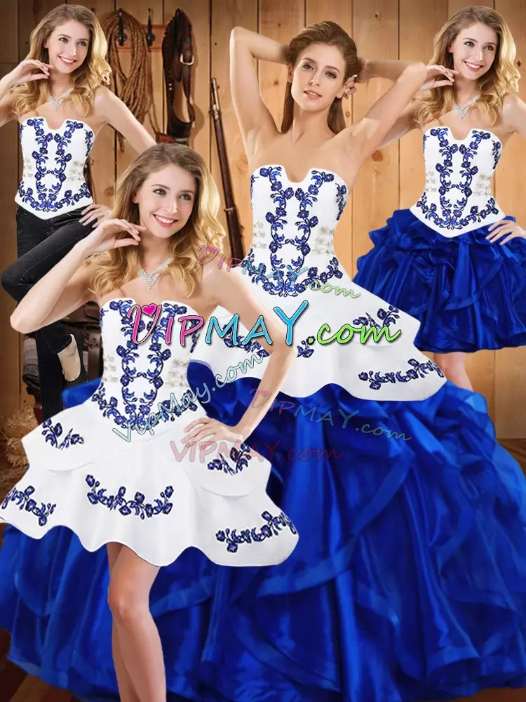 Extravagant Sleeveless Floor Length Embroidery and Ruffles Lace Up Quinceanera Dresses with Blue
