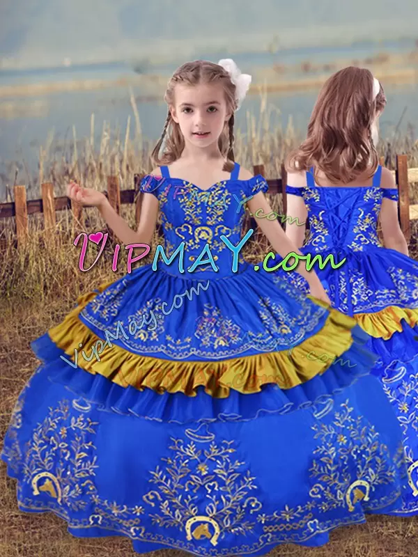 Satin Off The Shoulder Sleeveless Lace Up Embroidery Sweet 16 Quinceanera Dress in Blue