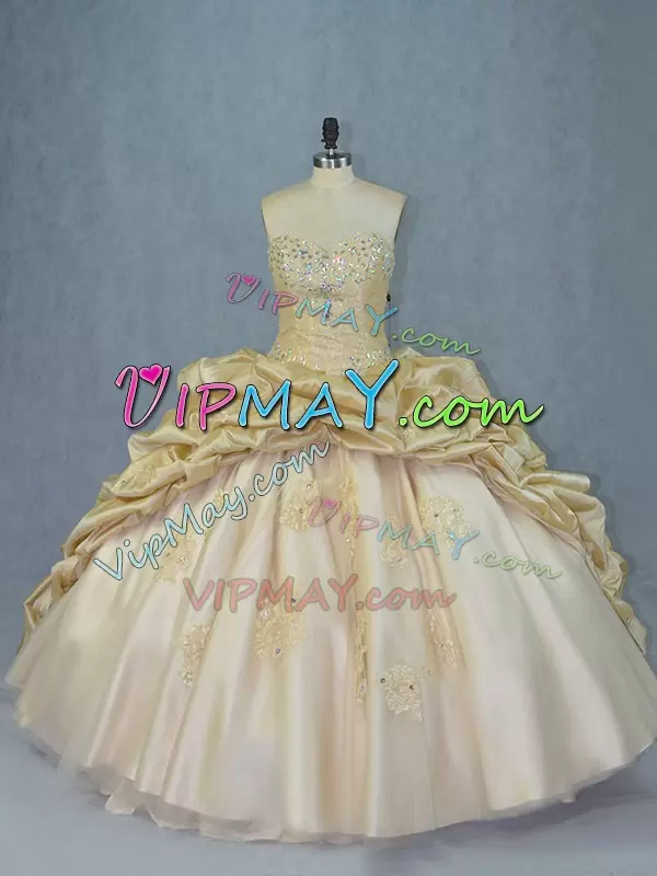 Suitable Champagne Ball Gowns Sweetheart Sleeveless Organza and Taffeta Brush Train Lace Up Beading and Appliques 15 Quinceanera Dress