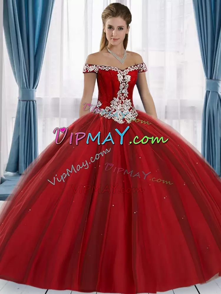 Hot Selling Floor Length Red Quinceanera Gowns Tulle Sleeveless Lace and Appliques