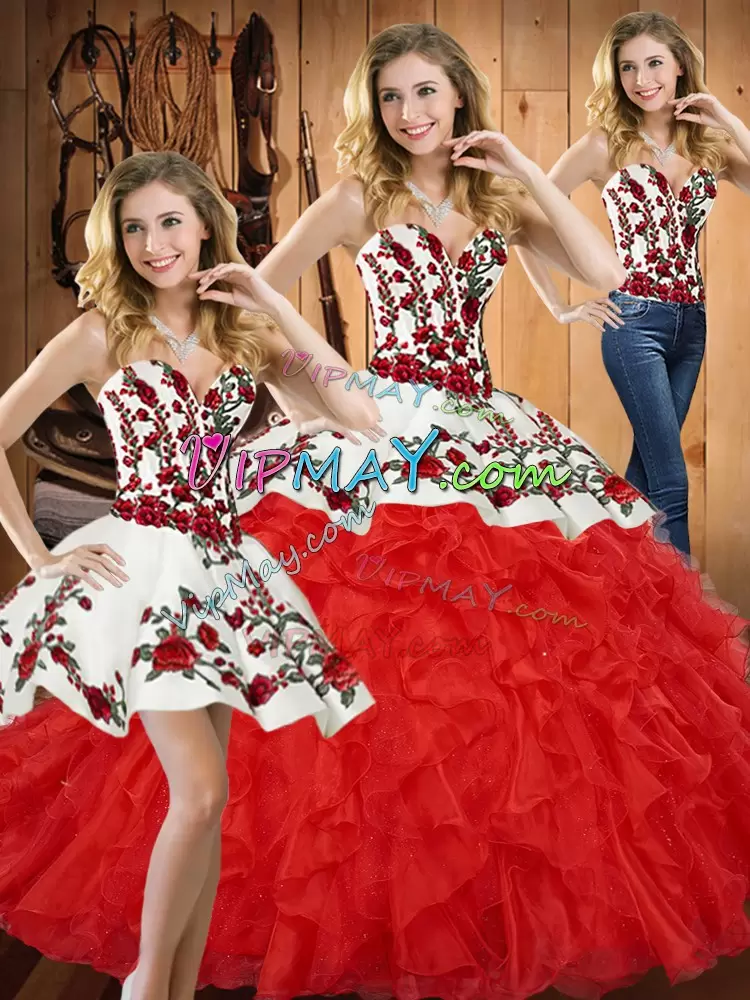 Sweetheart Sleeveless Tulle Sweet 16 Dress Embroidery and Ruffles Lace Up
