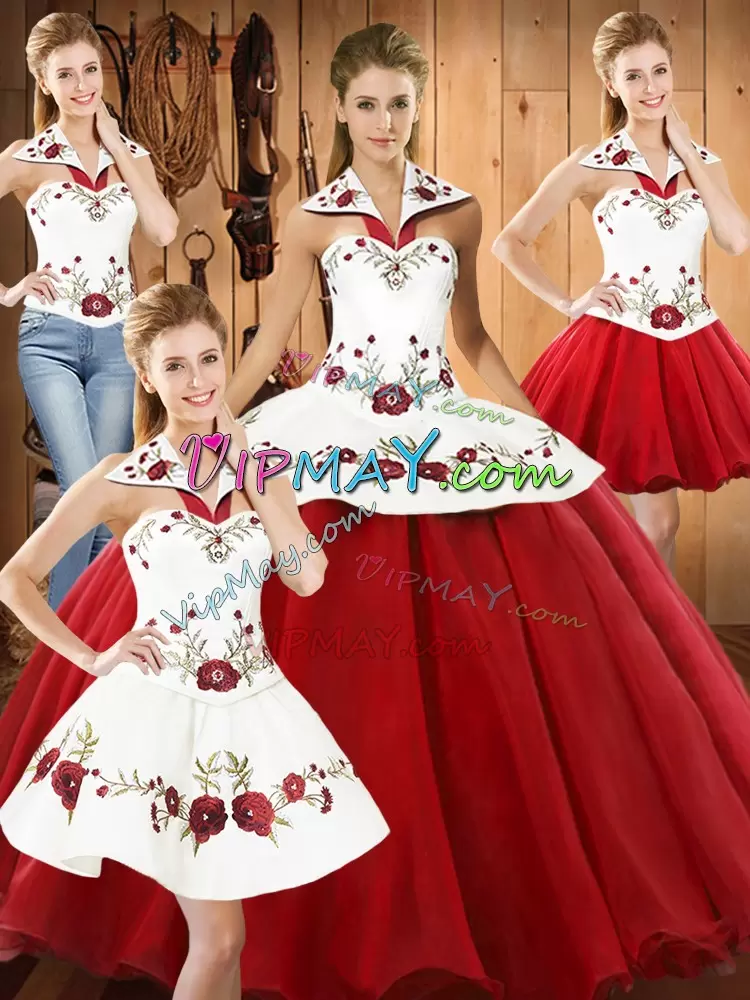 Customized White And Red Sweet 16 Dress Military Ball and Sweet 16 and Quinceanera with Embroidery Halter Top Sleeveless Lace Up