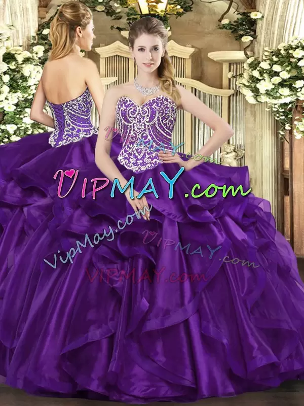 Purple Organza Lace Up Quinceanera Gowns Sleeveless Floor Length Beading and Ruffles