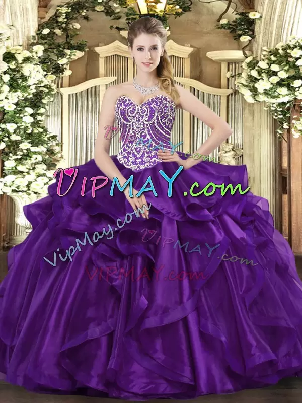 Purple Organza Lace Up Quinceanera Gowns Sleeveless Floor Length Beading and Ruffles