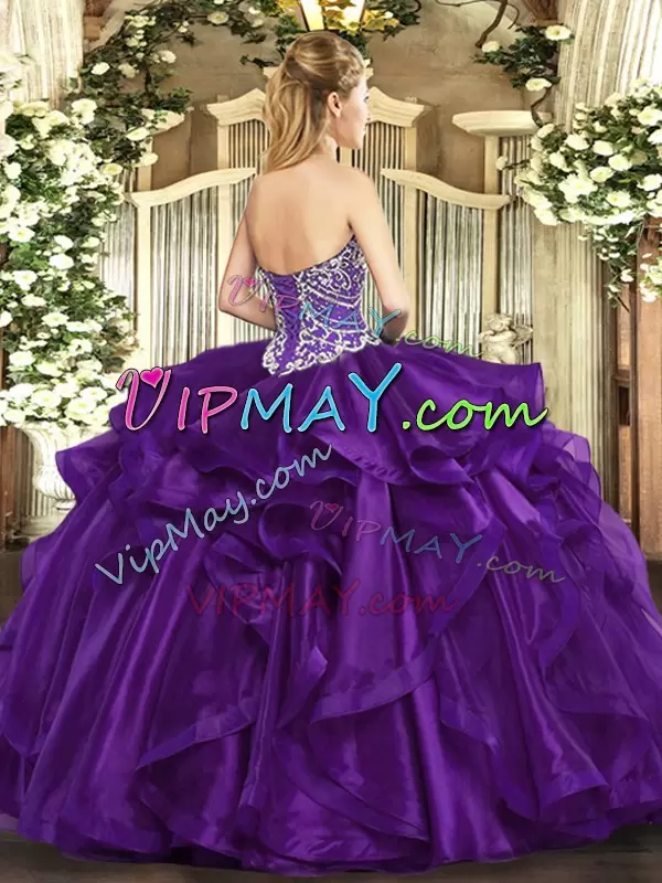 Purple Organza Lace Up Quinceanera Gowns Sleeveless Floor Length Beading and Ruffles