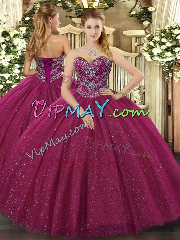 Fuchsia Ball Gowns Beading Quinceanera Gowns Lace Up Tulle Sleeveless Floor Length