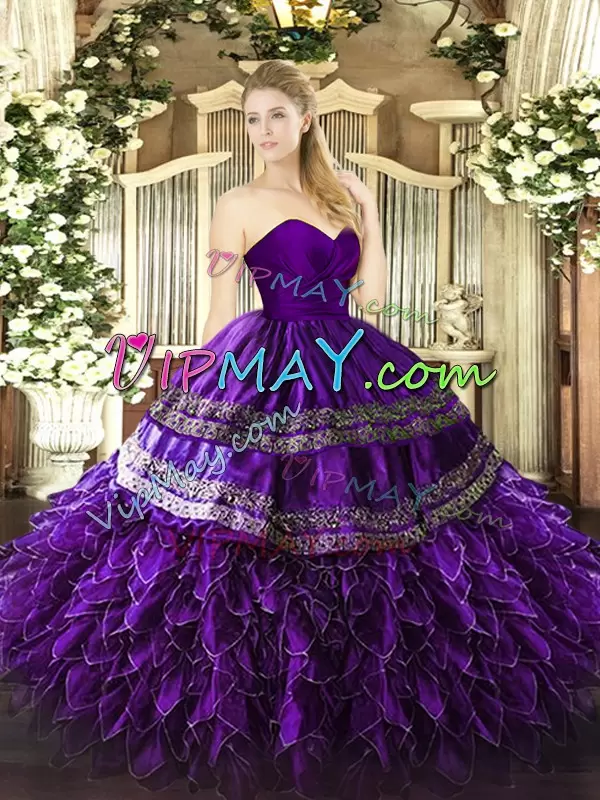 Decent Purple Ball Gowns Sweetheart Sleeveless Organza and Taffeta Floor Length Zipper Embroidery and Ruffles 15 Quinceanera Dress