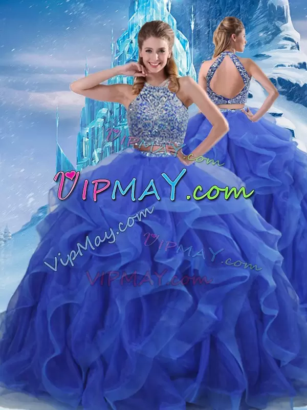 Cheap Ball Gowns Vestidos de Quinceanera Royal Blue Halter Top Organza Sleeveless Floor Length Zipper