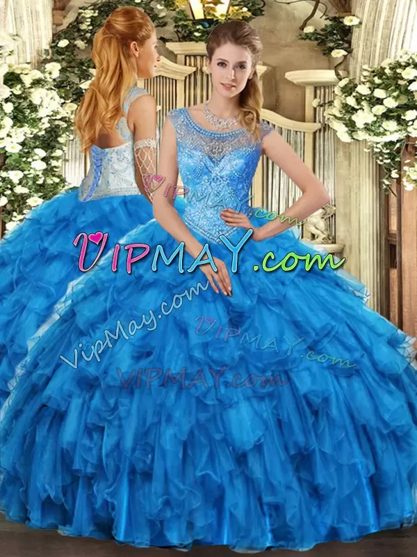 Sexy Sleeveless Organza Floor Length Lace Up Sweet 16 Dress in Baby Blue with Beading and Ruffles