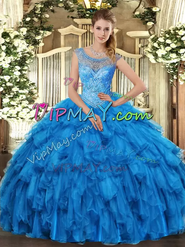 Sexy Sleeveless Organza Floor Length Lace Up Sweet 16 Dress in Baby Blue with Beading and Ruffles