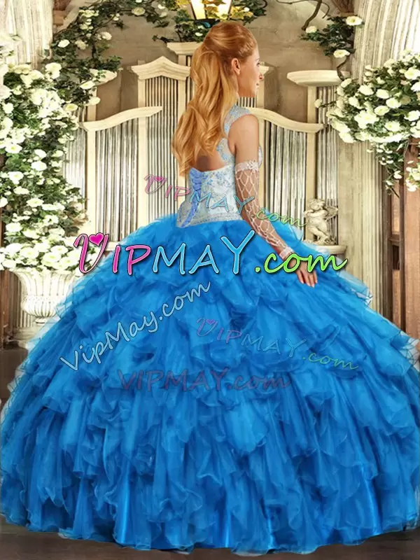 Sexy Sleeveless Organza Floor Length Lace Up Sweet 16 Dress in Baby Blue with Beading and Ruffles