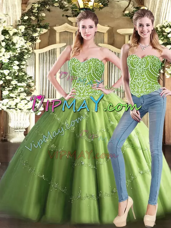 Exceptional Olive Green Lace Up Sweetheart Beading 15th Birthday Dress Tulle Sleeveless