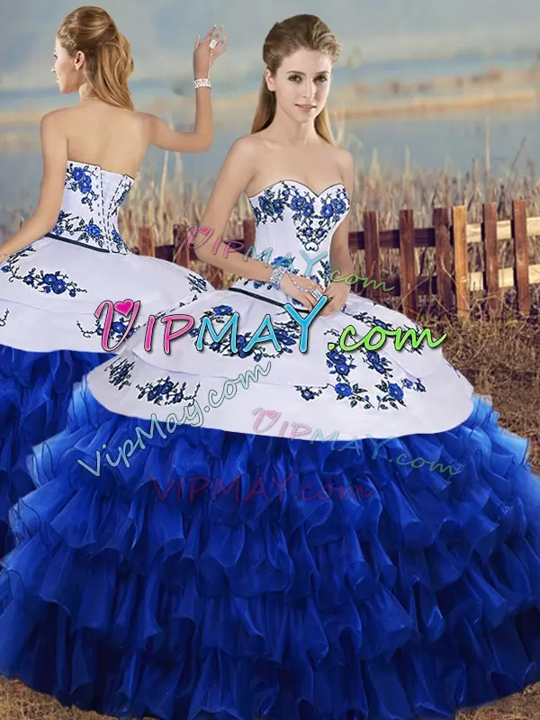 Royal Blue Sweetheart Lace Up Embroidery and Ruffled Layers Sweet 16 Dresses Sleeveless