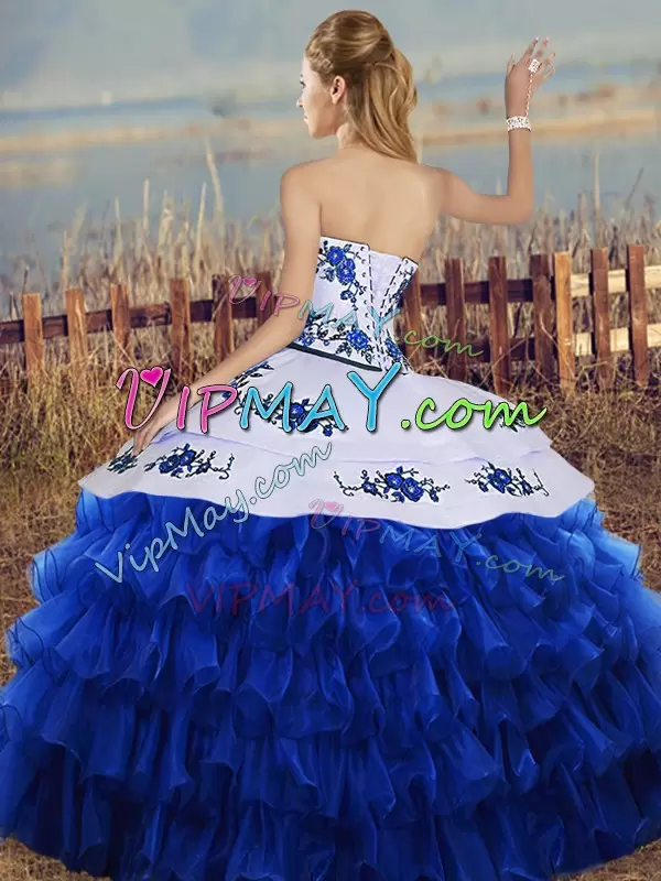 Royal Blue Sweetheart Lace Up Embroidery and Ruffled Layers Sweet 16 Dresses Sleeveless