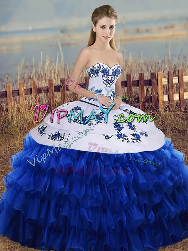 Royal Blue Sweetheart Lace Up Embroidery and Ruffled Layers Sweet 16 Dresses Sleeveless