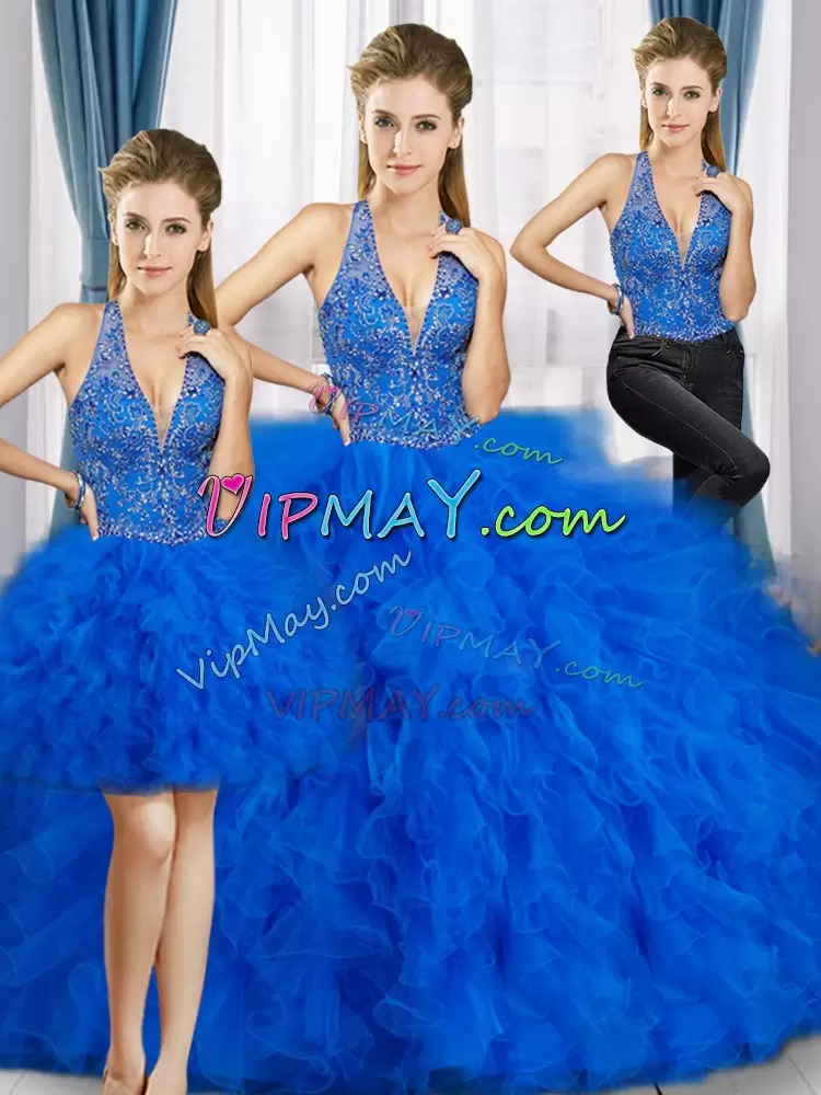 Royal Blue 15th Birthday Dress Sweet 16 and Quinceanera with Beading V-neck Sleeveless Lace Up