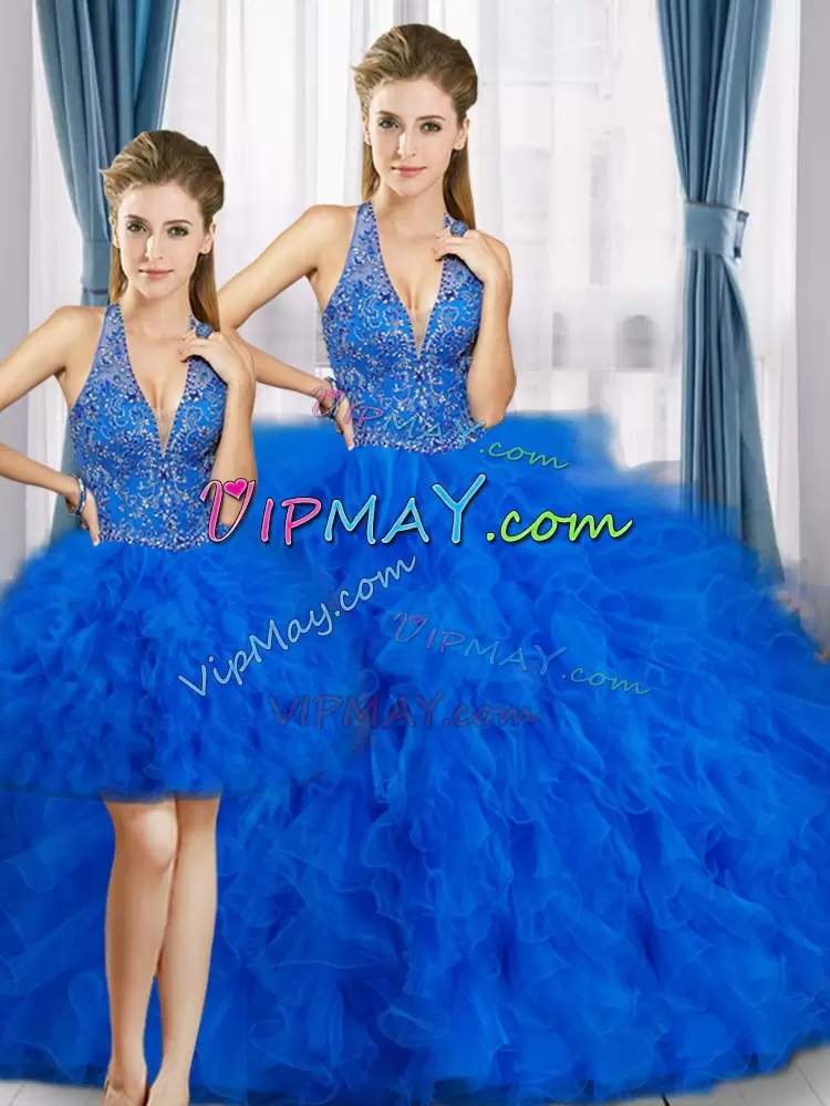 Royal Blue 15th Birthday Dress Sweet 16 and Quinceanera with Beading V-neck Sleeveless Lace Up