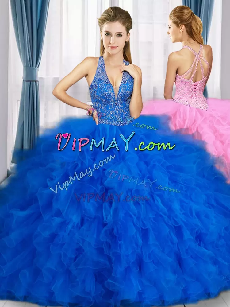 Royal Blue 15th Birthday Dress Sweet 16 and Quinceanera with Beading V-neck Sleeveless Lace Up