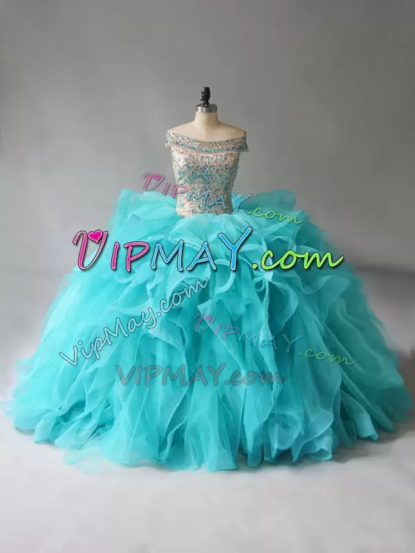 Ball Gowns Sleeveless Aqua Blue Quince Ball Gowns Brush Train Lace Up