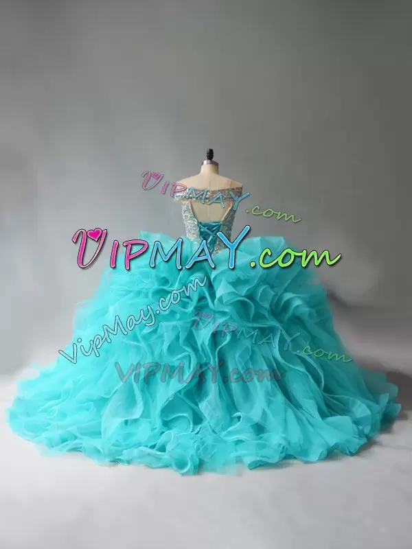 Ball Gowns Sleeveless Aqua Blue Quince Ball Gowns Brush Train Lace Up