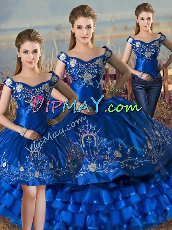 Decent Sleeveless Satin and Organza Floor Length Lace Up Quinceanera Gown in Royal Blue with Embroidery and Ruffled Layers