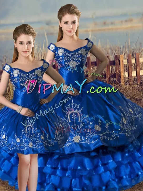 Decent Sleeveless Satin and Organza Floor Length Lace Up Quinceanera Gown in Royal Blue with Embroidery and Ruffled Layers