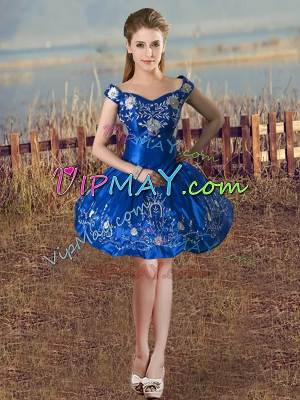 Decent Sleeveless Satin and Organza Floor Length Lace Up Quinceanera Gown in Royal Blue with Embroidery and Ruffled Layers