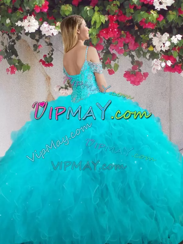 Floor Length Teal Quinceanera Dress Tulle Sleeveless Beading and Ruffles