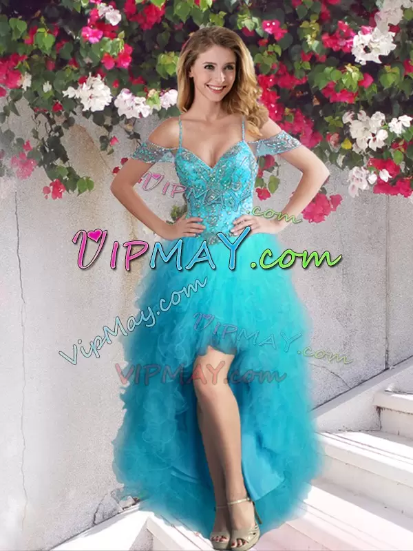Floor Length Teal Quinceanera Dress Tulle Sleeveless Beading and Ruffles