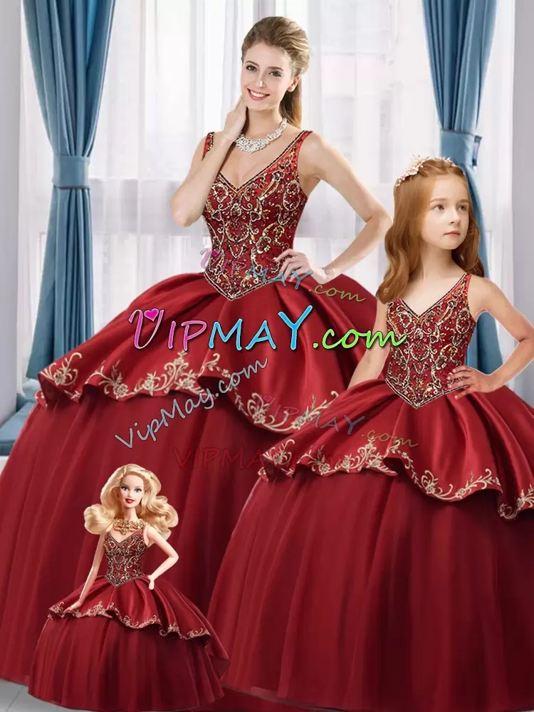 V-neck Sleeveless Lace Up Beading and Embroidery Ball Gown Prom Dress in Wine Red