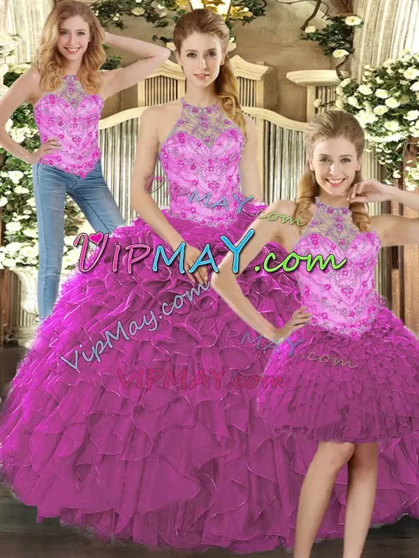 Beading and Ruffles 15 Quinceanera Dress Fuchsia Lace Up Sleeveless Floor Length