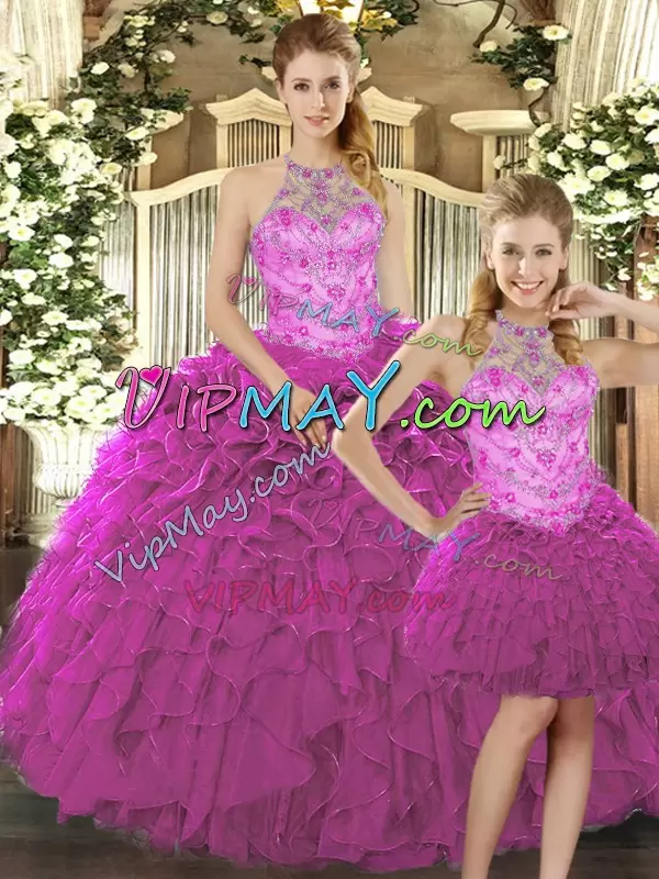 Beading and Ruffles 15 Quinceanera Dress Fuchsia Lace Up Sleeveless Floor Length