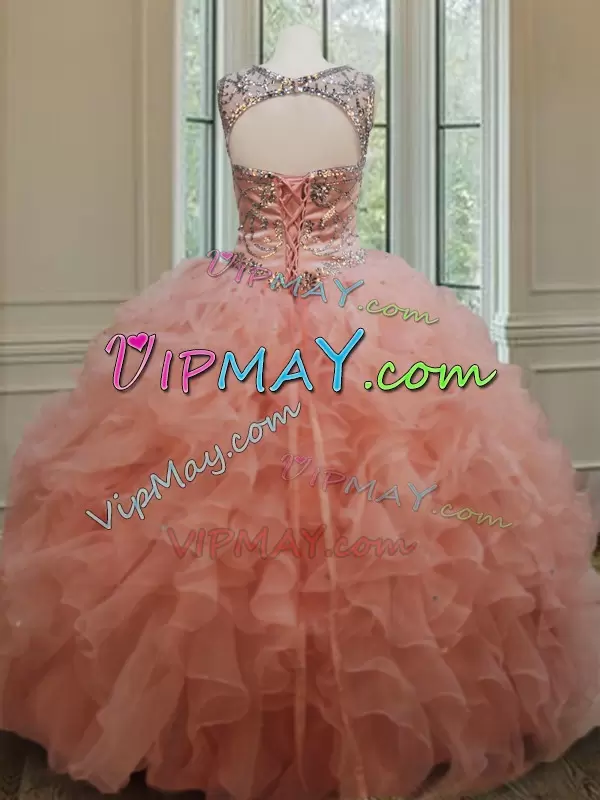 Peach Organza Lace Up Scoop Sleeveless Floor Length Ball Gown Prom Dress Beading and Ruffles