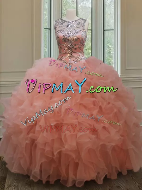 Peach Organza Lace Up Scoop Sleeveless Floor Length Ball Gown Prom Dress Beading and Ruffles