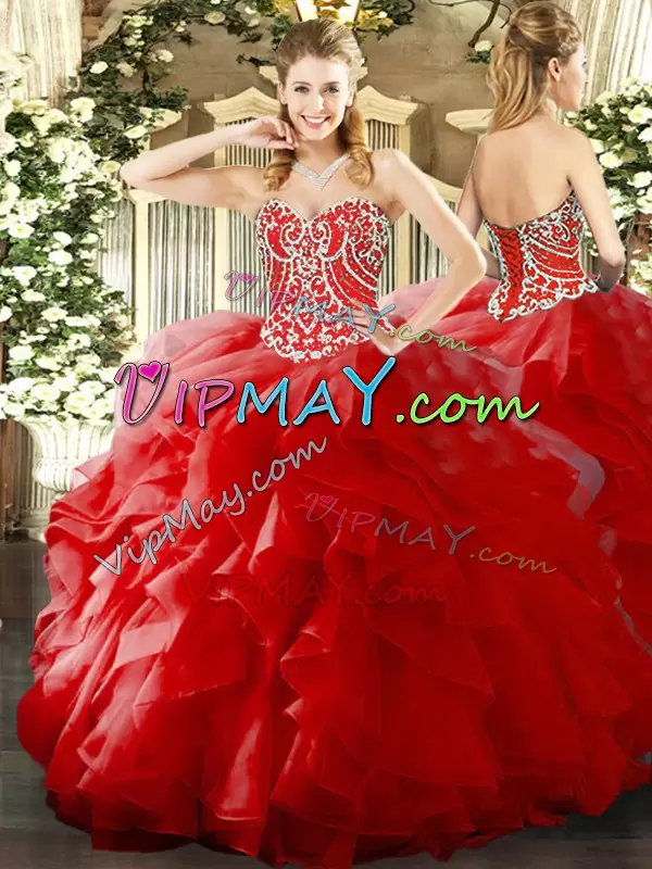 Sleeveless Floor Length Beading and Ruffles Lace Up Ball Gown Prom Dress with Red