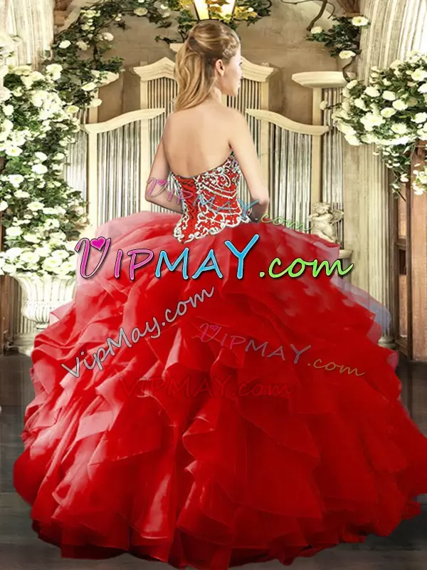 Sleeveless Floor Length Beading and Ruffles Lace Up Ball Gown Prom Dress with Red