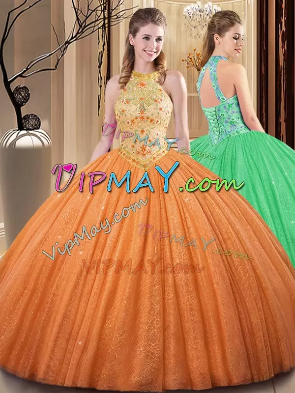 Modern Orange Backless Vestidos de Quinceanera Embroidery Floor Length