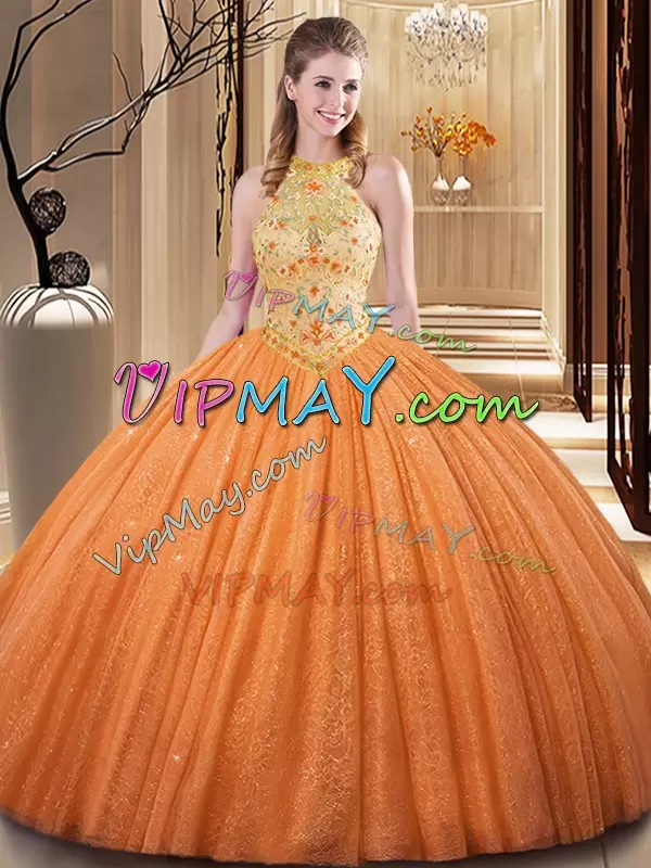 Modern Orange Backless Vestidos de Quinceanera Embroidery Floor Length