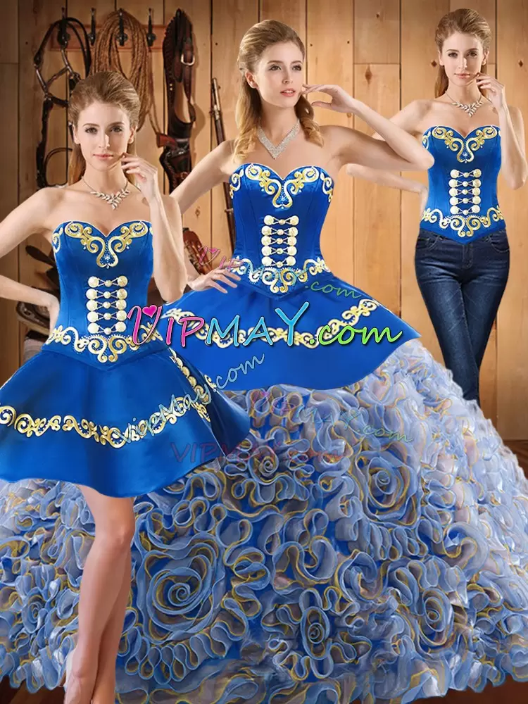 Strapless Sleeveless Sweep Train Lace Up Quinceanera Dress Multi-color Satin and Fabric With Rolling Flowers Embroidery