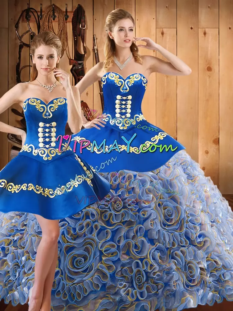 Strapless Sleeveless Sweep Train Lace Up Quinceanera Dress Multi-color Satin and Fabric With Rolling Flowers Embroidery