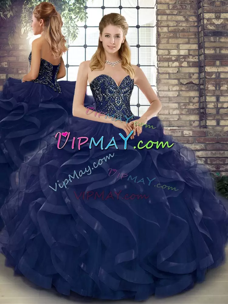 Hot Sale Sleeveless Floor Length Beading and Ruffles Lace Up Ball Gown Prom Dress with Navy Blue