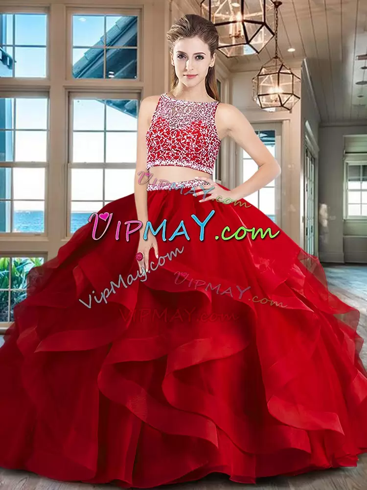 Colorful Red Bateau Side Zipper Beading and Ruffles Quinceanera Dresses Sleeveless