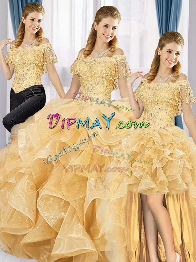 Excellent Gold Organza Lace Up Quince Ball Gowns Sleeveless Floor Length Beading and Ruffled Layers