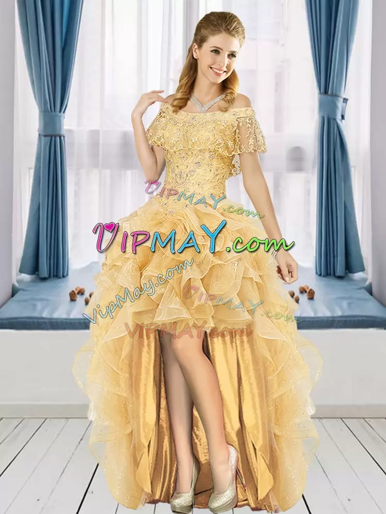 Excellent Gold Organza Lace Up Quince Ball Gowns Sleeveless Floor Length Beading and Ruffled Layers