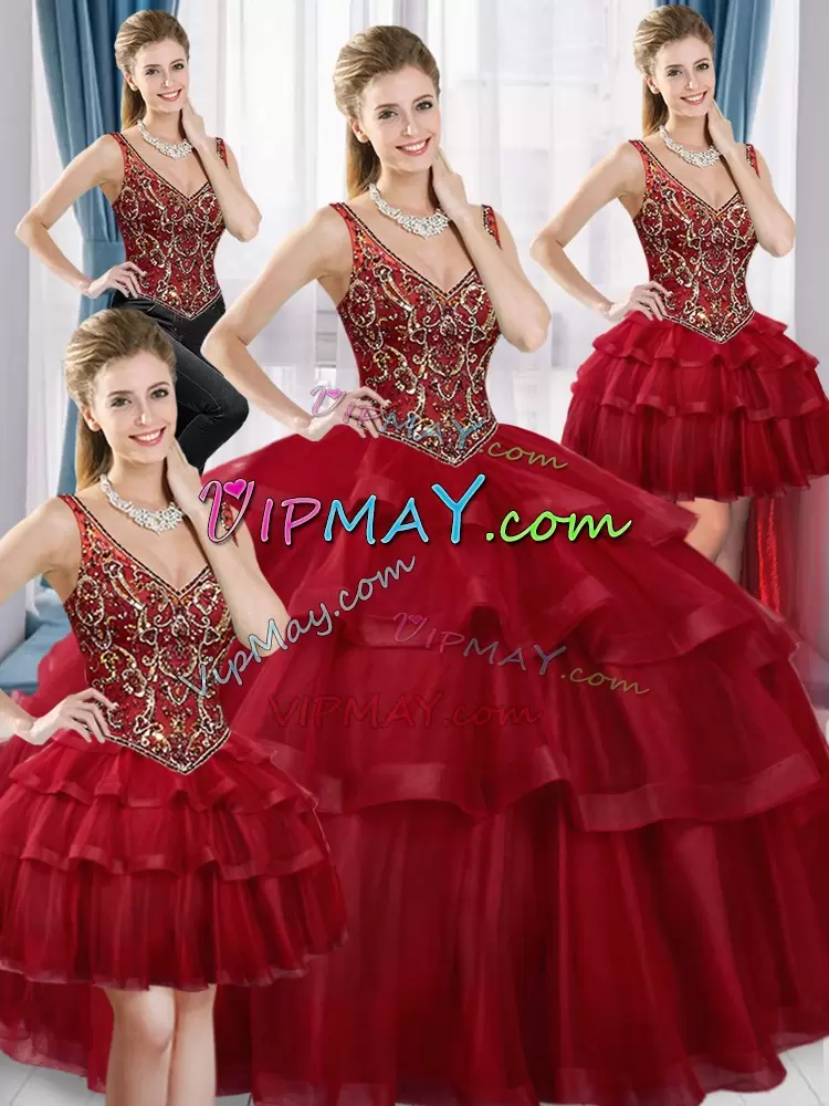 Sleeveless V-neck Beading and Ruffled Layers Lace Up Quinceanera Dresses