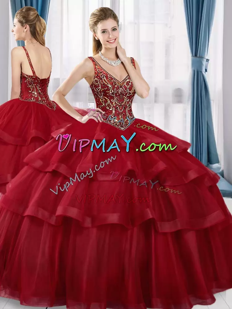 Sleeveless V-neck Beading and Ruffled Layers Lace Up Quinceanera Dresses