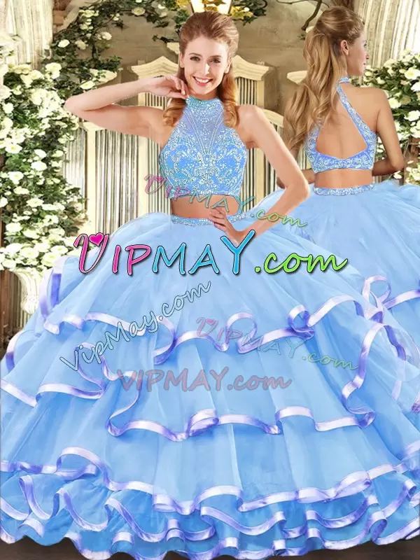 Tulle Halter Top Sleeveless Criss Cross Beading and Ruffled Layers 15th Birthday Dress in Aqua Blue