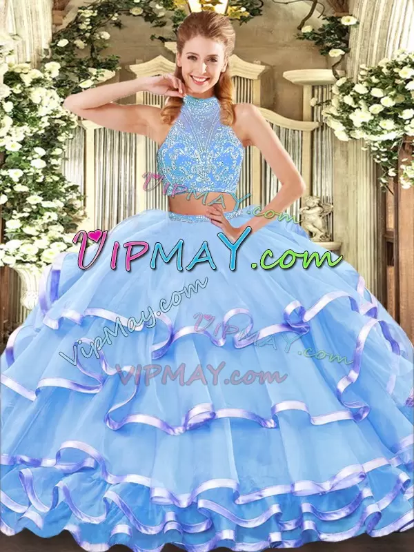 Tulle Halter Top Sleeveless Criss Cross Beading and Ruffled Layers 15th Birthday Dress in Aqua Blue