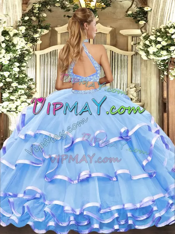 Tulle Halter Top Sleeveless Criss Cross Beading and Ruffled Layers 15th Birthday Dress in Aqua Blue